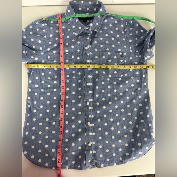 Tommy Hilfiger Sz M Blue & White Polka Dots Casual Button Up Shirt Short Sleeve - Picture 2 of 10